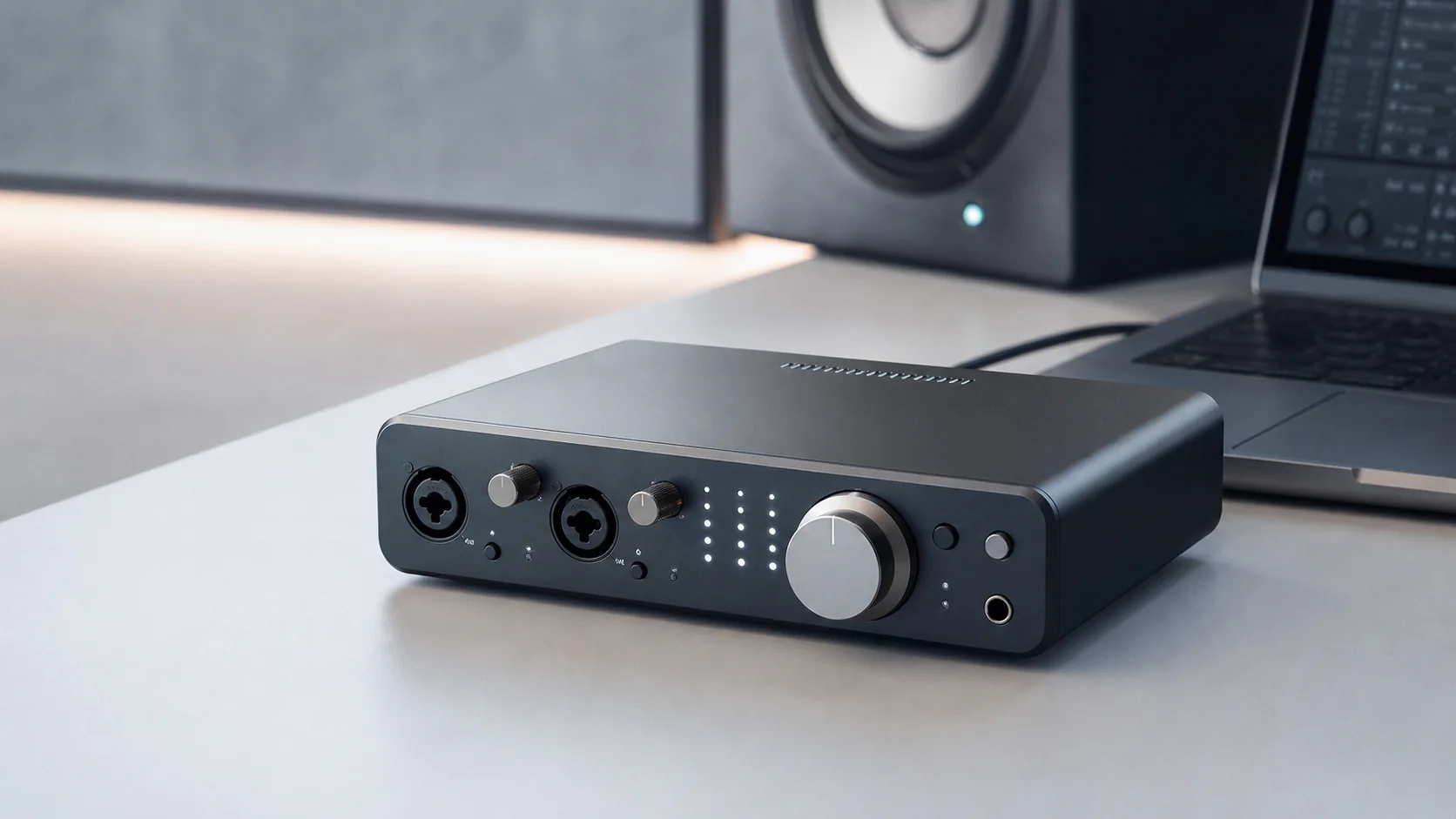 Studio visualization of an Audient iD14 MKII with a Mac