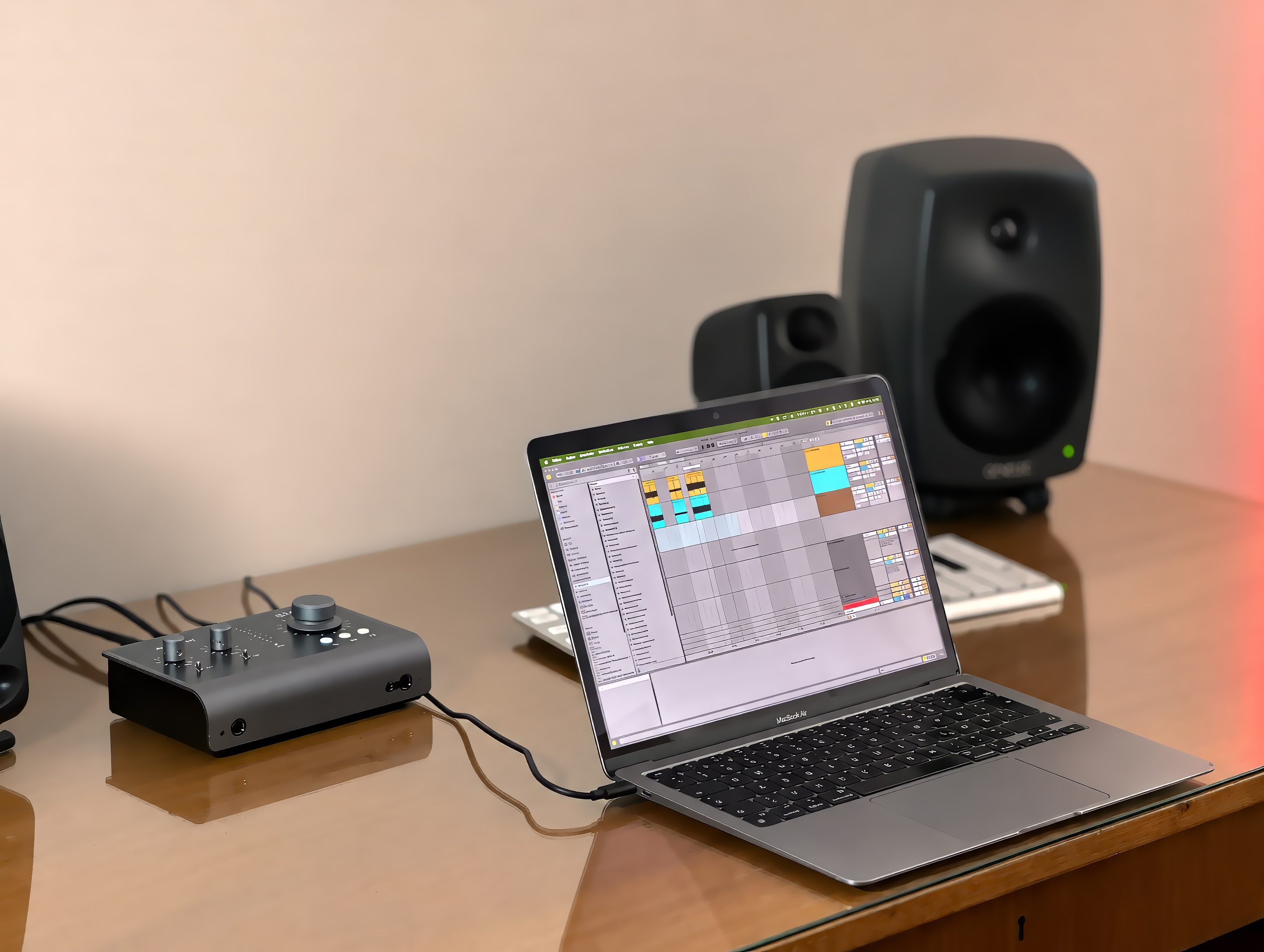 Audient iD14 MKII collegato a un MacBook Air nella configurazione di prova in studio VolumeKeys