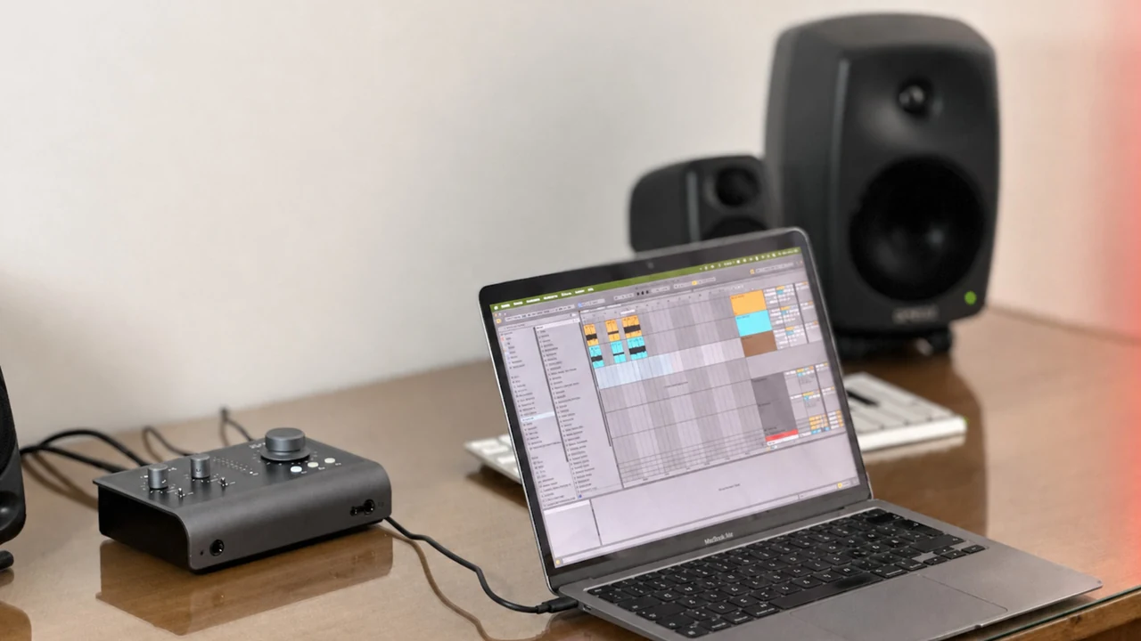 Studio photo of an Audient iD14 MKII beside a MacBook Air