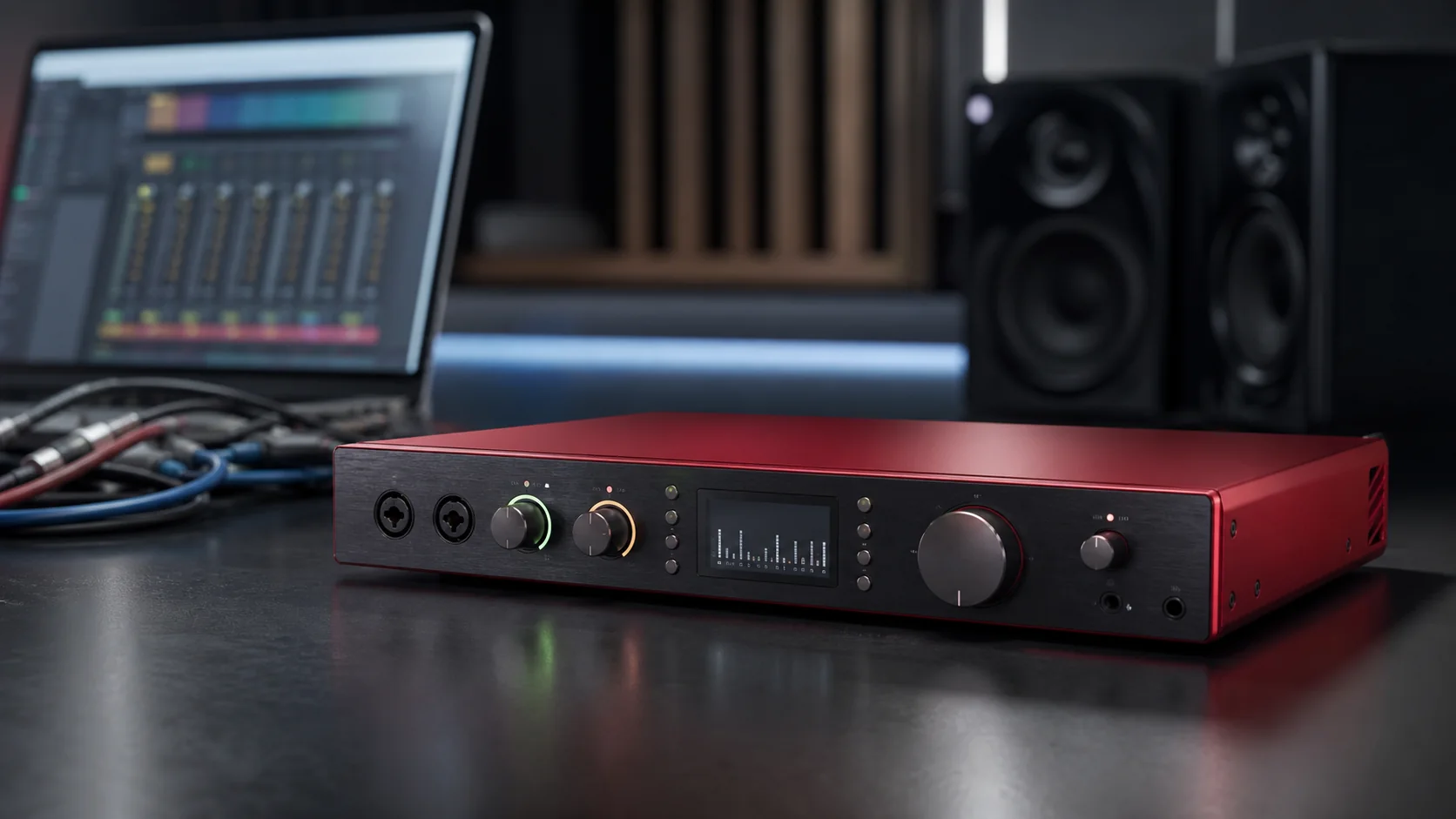 Focusrite Scarlett 16i16 4th Gen connected in a Mac-based studio