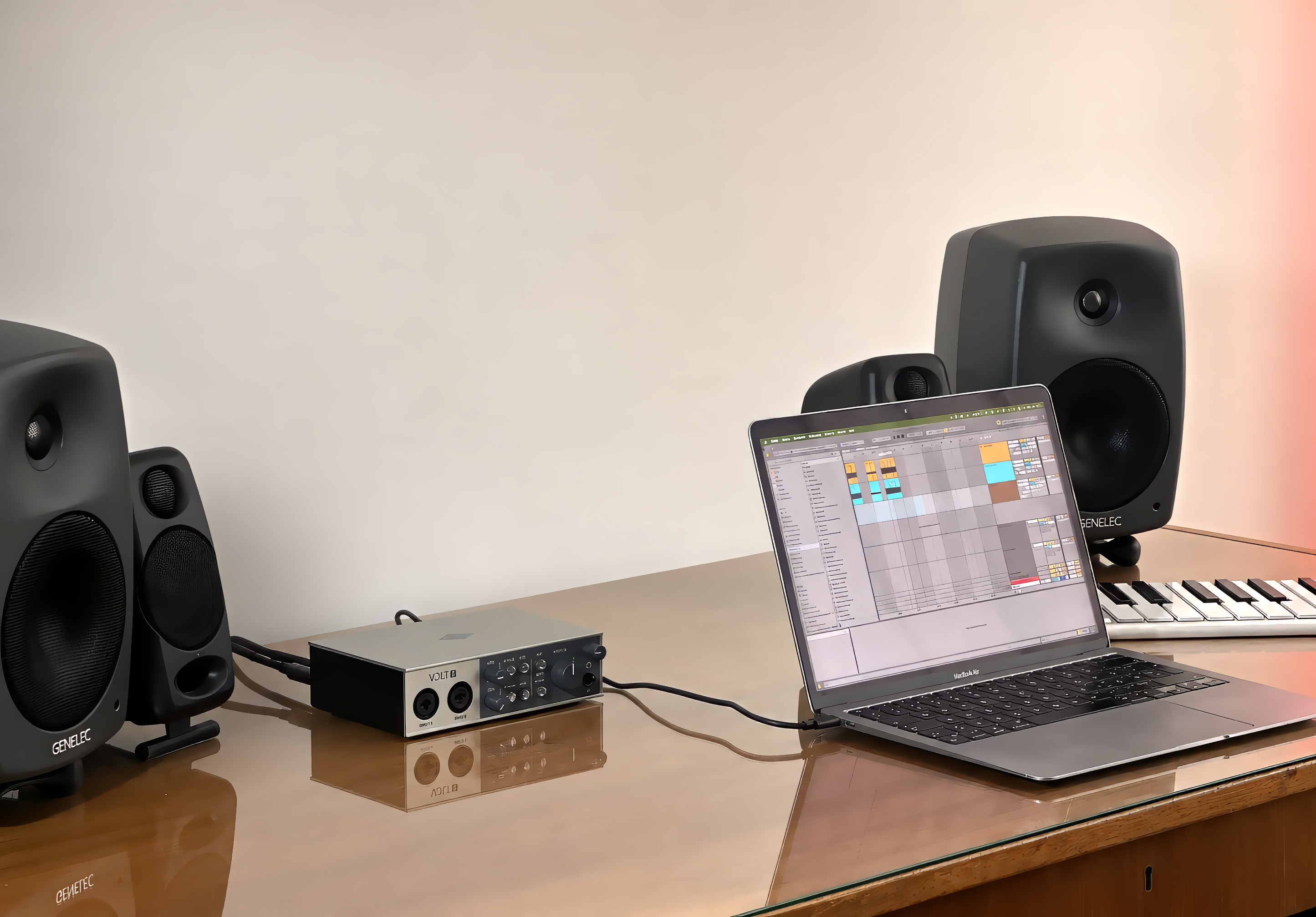 Universal Audio Volt 2 verbunden mit einem MacBook Air im VolumeKeys Studio-Testaufbau